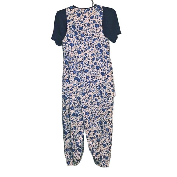 90s Ashleigh Morgan Floral Cotton Jumpsuit M Blue White Pockets Cropped Cuffed - Picture 7 of 10